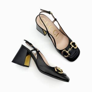 GUCCI Black Baby Bit Horsebit Square Toe Slingback Heel Size 36 Leather Block